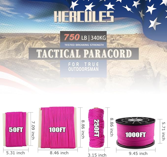 HERCULES 750lb Paracord 4mm 11 Strands Tactical Parachute Cord, 50' 100' 250' 1000' Utility Rope for Camping, Survival, Outdoor Gear (Rose Pink, 100FT)