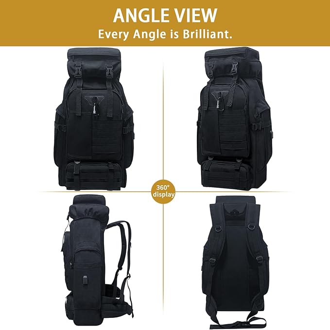 80L Camping Hiking Backpack, Large Military Tactical Backpack with USB Charging Port, Waterproof Travel Daypack With Carabiner Outdoor MOLLE Rucksack for Men Women (Black)