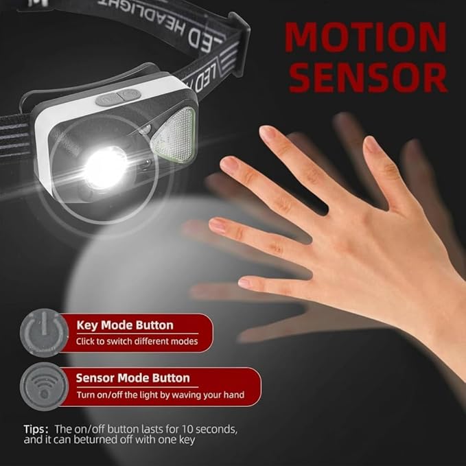 6 Pack Rechargeable Headlamp Flashlight, LED Head Lamp with White Red Light, Super Bright USB-C Headlight Motion Sensor Head Lamp for Adults 11 Mode Outdoor Camping Running Hiking Fishing