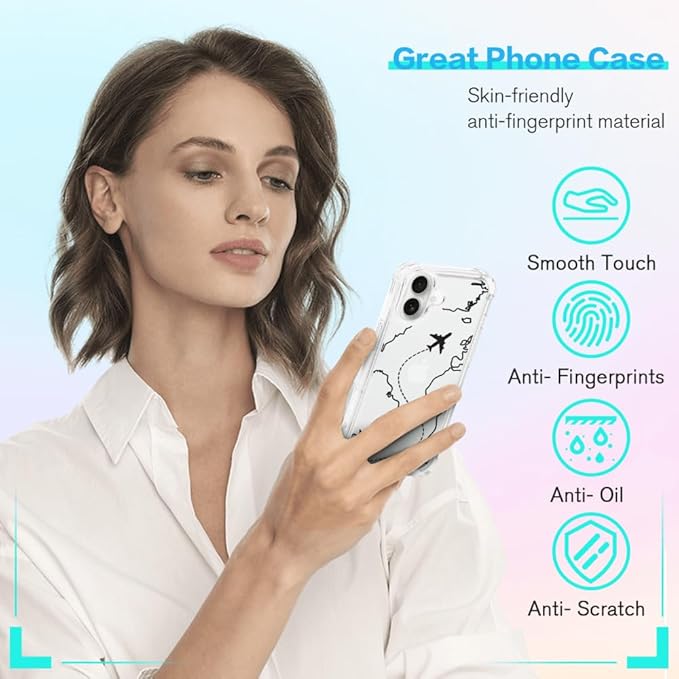 FANXI Minimalist Airplane Travel Map Phone Case Compatible with iPhone 16 (6.1 Inch) - Shockproof Clear Soft TPU Protective Cover with Airplane Design for Women Men and Girls
