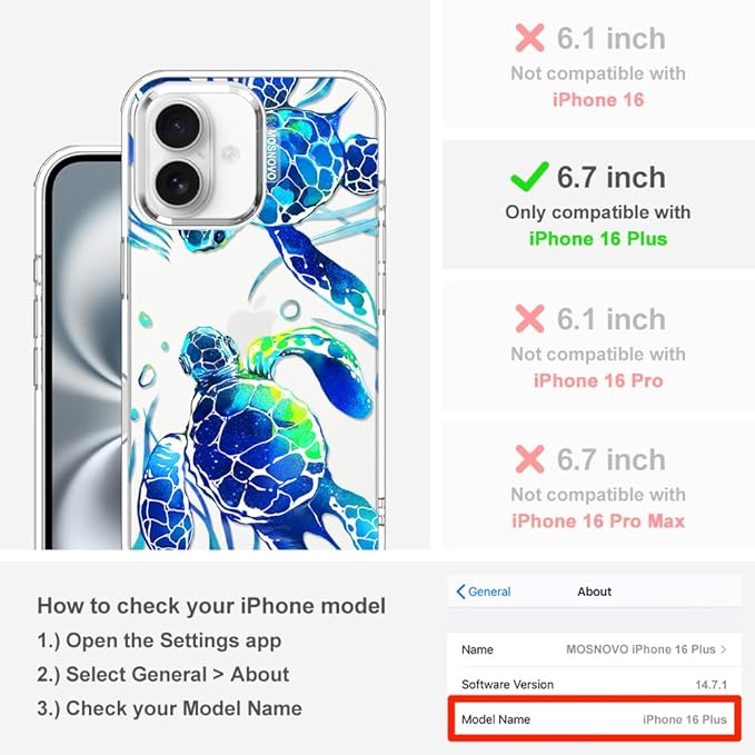MOSNOVO Case for iPhone 16 Plus, [Buffertech 6.6ft Military-Grade Drop Protection] [Anti Peel Off Tech] Clear TPU Bumper Phone Case Cover Design - Sea Turtles