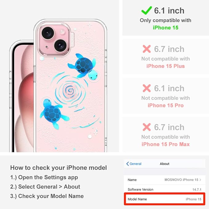 MOSNOVO Case for iPhone 15, [Buffertech 6.6ft Military-Grade Drop Protection] [Anti Peel Off Tech] Clear TPU Bumper Phone Case Cover Design - Space Turtle