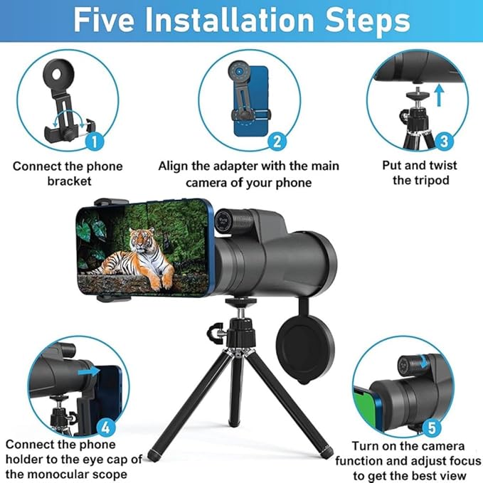 Monocular Telescope 12x50 High Powered for Adults, Waterproof Fogproof with Smartphone Adapter & Tripod, BAK4 Prism FMC Lens for Bird Watching Hunting Concerts Stargazing, Gift for Family