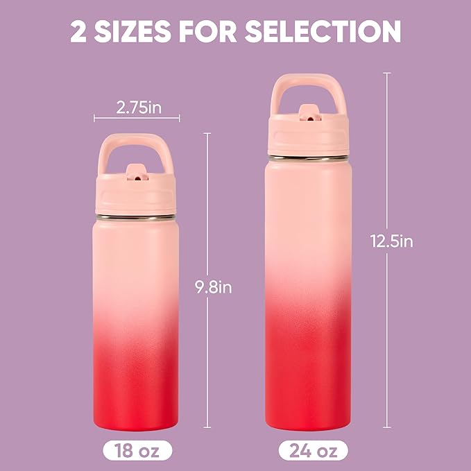 Fijinhom 18oz Insulated Stainless Steel Water Bottle with Straws, Double Wall Vacuum Insulated Bottles, Metal Thermo for Travel, Sports, Leak-Proof, BPA Free, Women & Men, Pink Gradient