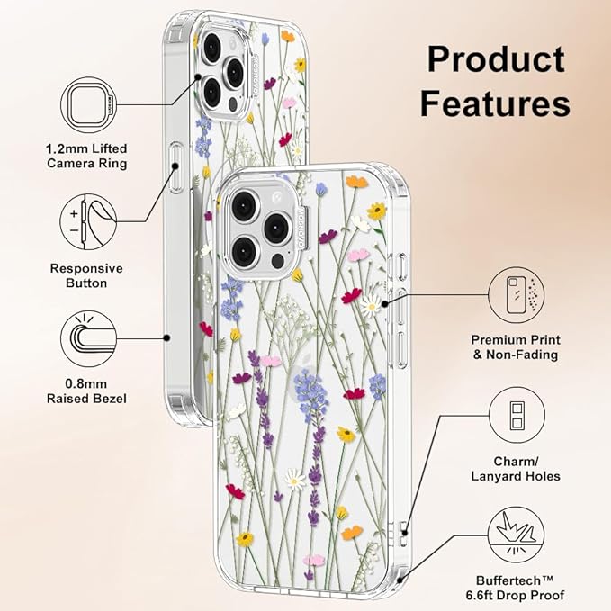 MOSNOVO Case for iPhone 12 & iPhone 12 Pro, [Buffertech 6.6ft Military-Grade Drop Protection] [Anti Peel Off Tech] Clear TPU Bumper Phone Case Cover Design - Floral Garden