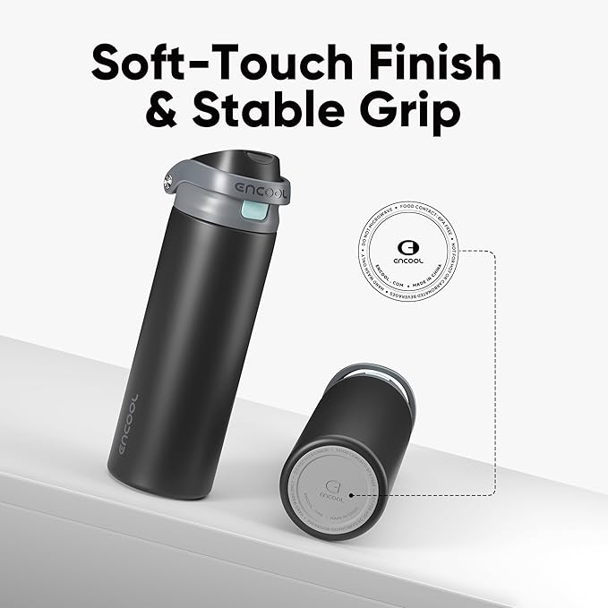 ENCOOL Leakproof Insulated Water Bottle with Straw Dual-Sip Water Bottle Bag-Safe Design for Work, Commute & Gym – Keeps Drinks Cold All Day, 24 oz, Charcoal Gray