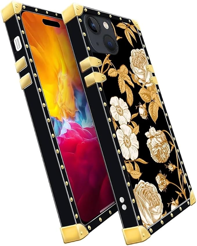Compatible with iPhone 15 Case, Blooming Rose Golden Flower Luxury Golden Decoration for Girl Women Soft TPU Shockproof Protective Hard PC Back for iPhone 15
