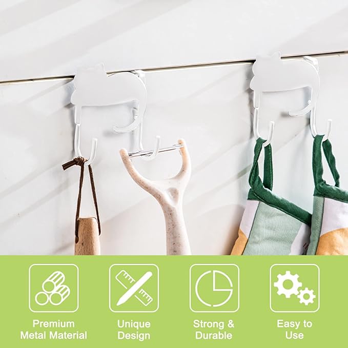Over Cabinet Door Hooks, 3Pcs Iron Over Door Double Hooks Decorative Cat Over The Cupboard Drawer Hooks Multi-Purpose Hooks for Kitchen Bathroom Bedroom (White)