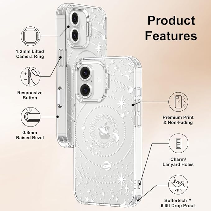 MOSNOVO Case for iPhone 16, [Buffertech 6.6ft Military-Grade Drop Protection] [Anti Peel Off Tech] Clear TPU Bumper Phone Case Cover Design - Galaxy