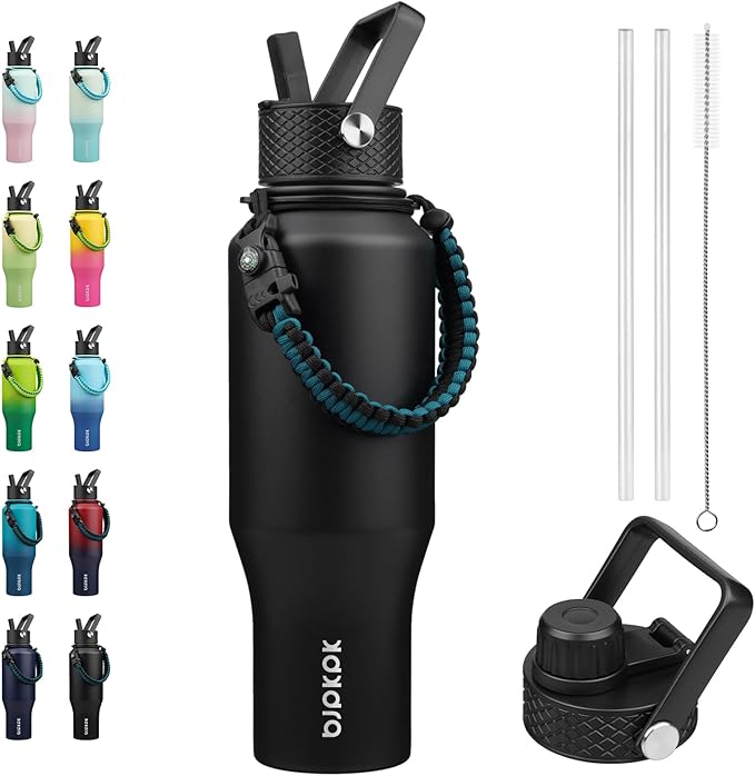 BJPKPK Insulated Water Bottles with Straw Lid, 35oz Metal Water Bottle with 2 lids & Paracord Strap, Double Wall Stainless Steel Vacuum Tumblers, Cups, Mugs, Thermo for Hot& Cold Drinks, Black