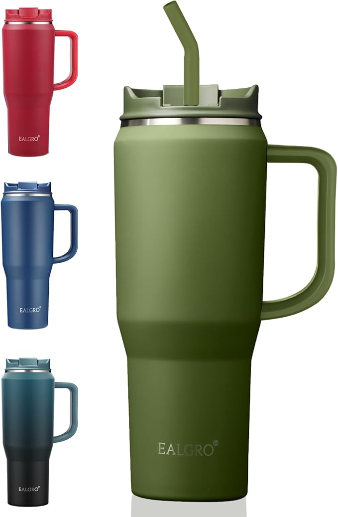 EALGRO 40 oz Tumbler with Handle, Insulated Tumblers with Lid and Straw, Large Metal Sports Water Bottle Jug, Thermal Stainless Steel Travel Coffee Mug Cup, Army Green