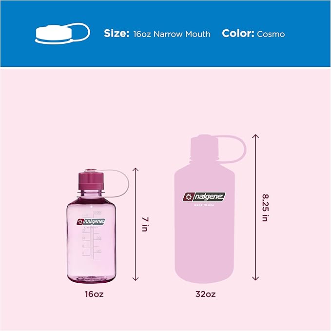 Nalgene 16 oz Narrow Mouth Water Bottle | BPA-Free, Durable & Leak Proof, Lightweight Travel Bottle, Fits in Cupholders, Cosmo