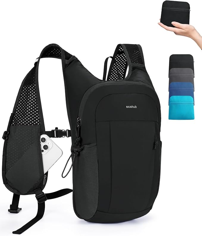 ECOHUB 15L Lightweight Packable Hiking Backpack for Travel, Small Daypack with Chest Strap & Phone Pocket, Water Resistant Foldable Backpack for Men Women