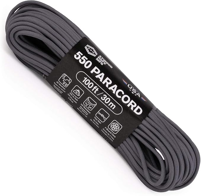 Atwood Rope MFG 550 Paracord 100 Feet 7-Strand Core Parachute Cord (Graphite)
