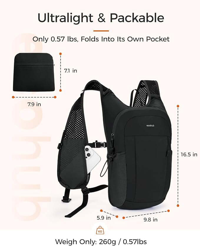 ECOHUB 15L Lightweight Packable Hiking Backpack for Travel, Small Daypack with Chest Strap & Phone Pocket, Water Resistant Foldable Backpack for Men Women