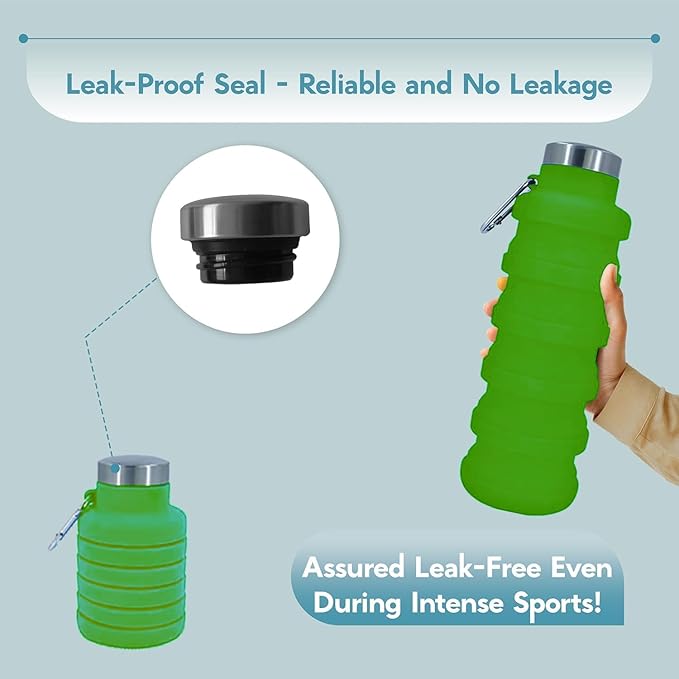 Collapsible Water Bottles 17oz, Odorless BPA-Free Silicone, Leak-Proof Foldable Reusable Bottle - Perfect for Travel Sports Gym Hiking Camping Cycling - Green