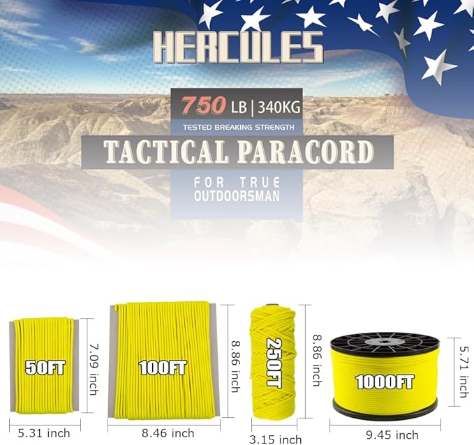 HERCULES 750lb Paracord 4mm 11 Strands Tactical Parachute Cord, 50' 100' 250' 1000' Utility Rope for Camping, Survival, Outdoor Gear (Neon Yellow, 100FT)