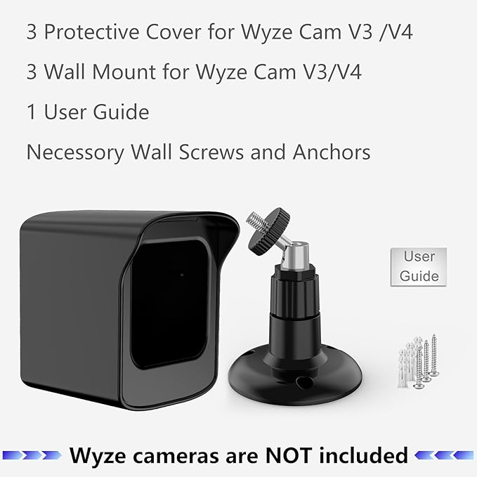 PEF Mount for All-New Wyze Cam V4 and V3, Weatherproof Protective Cover and 360 Degree Adjustable Wall Mount Solid Housing for Wyze V4 and V3 Outdoor Indoor Smart Home Camera System (Black, 3 Pack)