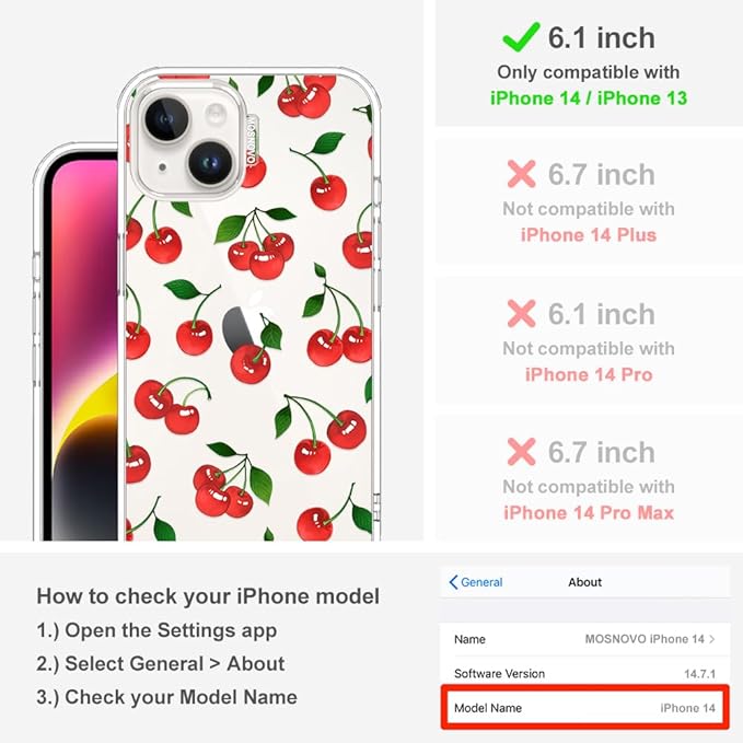 MOSNOVO for iPhone 13/14 Case | Military Grade 6.6ft Drop Tested | Clear with Cute Cherry Design