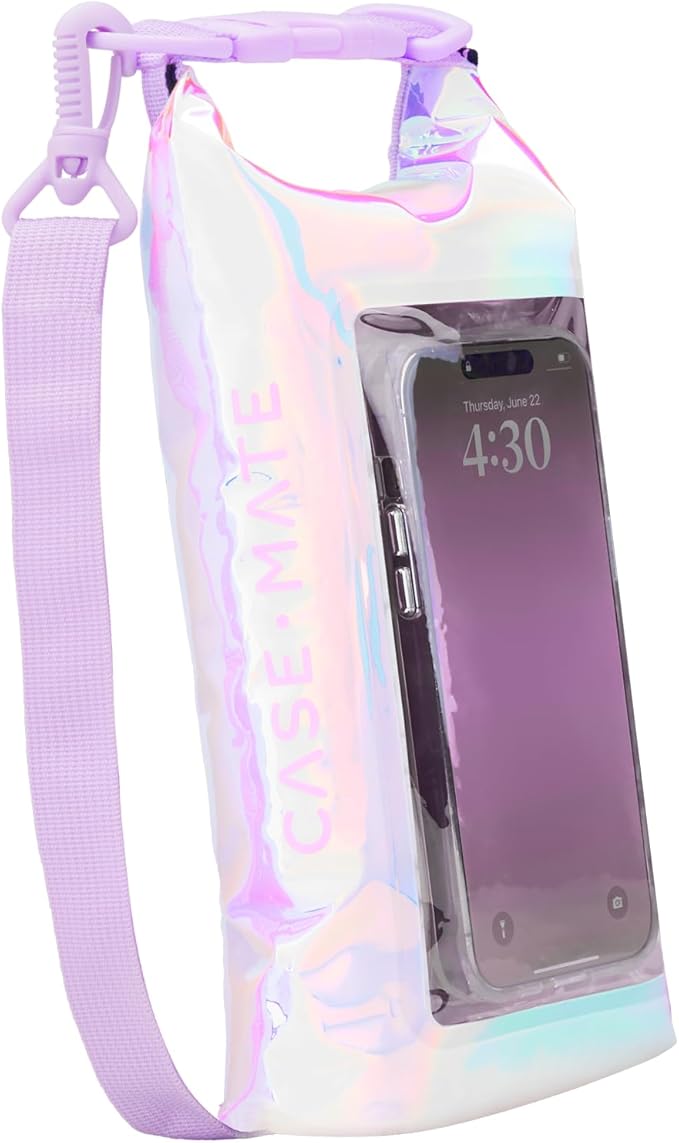 Case-Mate Soap Bubble Mini IP68 Waterproof Bucket Bag - Roll Top Dry Bag 2L Cap with Waterproof Pouch for Swimming Kayaking Boating Travel and More - for Phones Up to 7" - Iridescent
