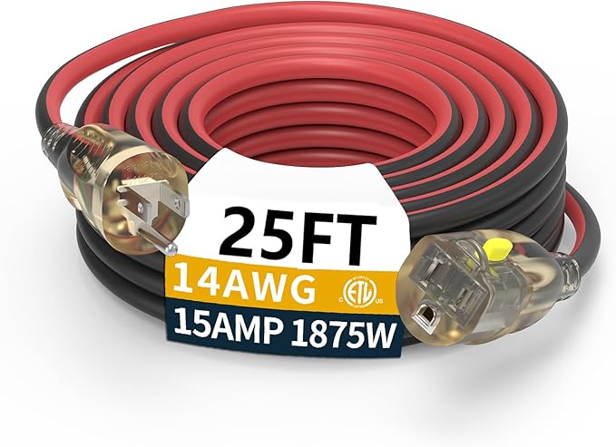 25FT 14/3 Gauge Medium Duty Outdoor Extension Cord Waterproof with Locking LED Lighted Plugs, SJEOW All-Weather Jacket (-50°C to 105°C), 15amp 1875W, 3 Prong, ETL Certified