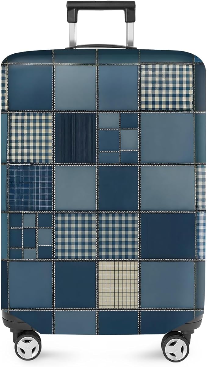 ANNA QUEEN Blue Patchwork Luggage Cover, Modern Grid Suitcase Protector, Stretchable Washable Cover for 20-22 Inch Luggage