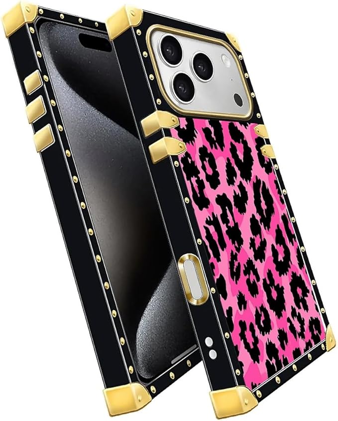 for iPhone 17 Pro Case Luxury Golden Decoration for Girl Women Soft TPU Shockproof Protective Hard PC Back for iPhone 17 Pro Crazy Pattern Pink Black Leopard