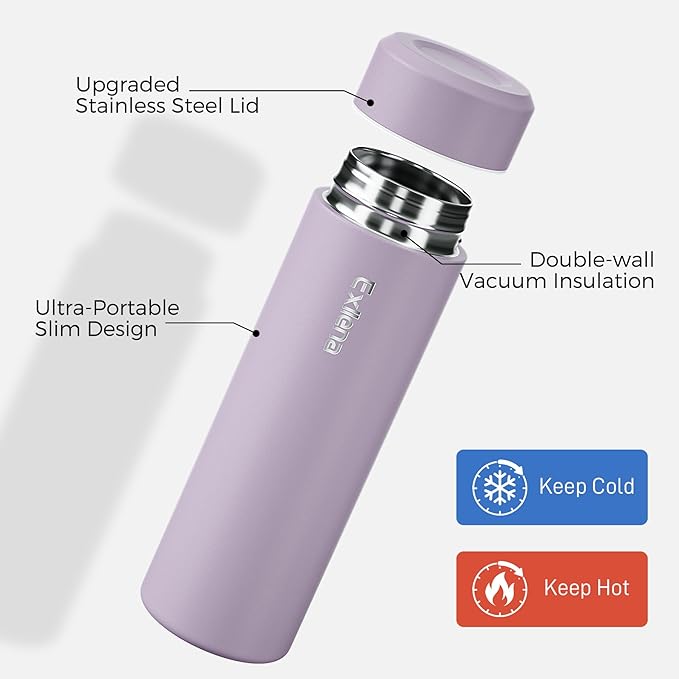 【Upgraded】Exllena Small Insulated Water Bottle 12 oz/350ml– Mini Insulated Water Bottle for Hot & Cold Drinks, Perfect Small Water Bottle for Travel, Purse...(Light Purple)