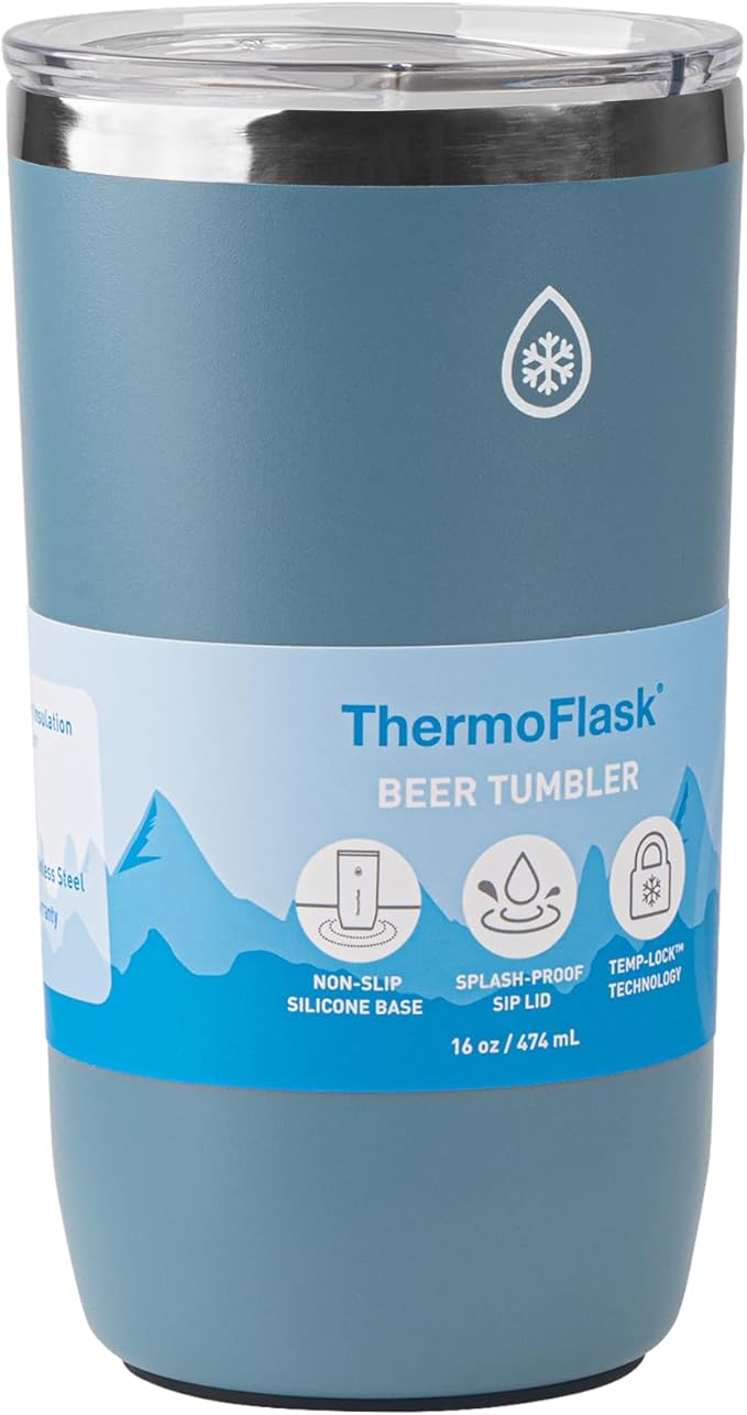 ThermoFlask Drinkware Beer Tumbler - Double-Wall Tumbler for Cold & Hot Drinks - Lightweight & Simple Drink Cup with Lid - Modern & Durable Drinking Cup - 16 oz, Dusty Blue