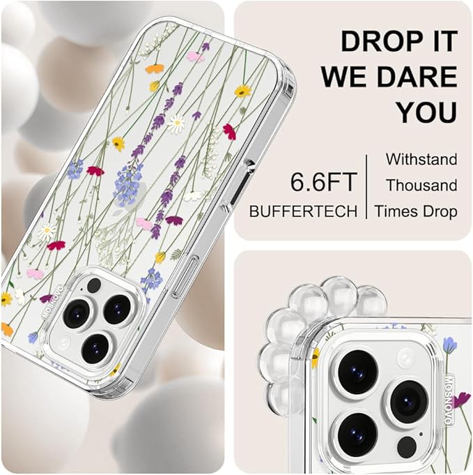 MOSNOVO Case for iPhone 16 Pro Max, [Buffertech 6.6ft Military-Grade Drop Protection] [Anti Peel Off Tech] Clear TPU Bumper Phone Case Cover Design - Floral Garden