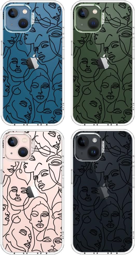 MOSNOVO for iPhone 13/14 Case | Military Grade 6.6ft Drop Tested | Clear with Abstract Face Line Art Design