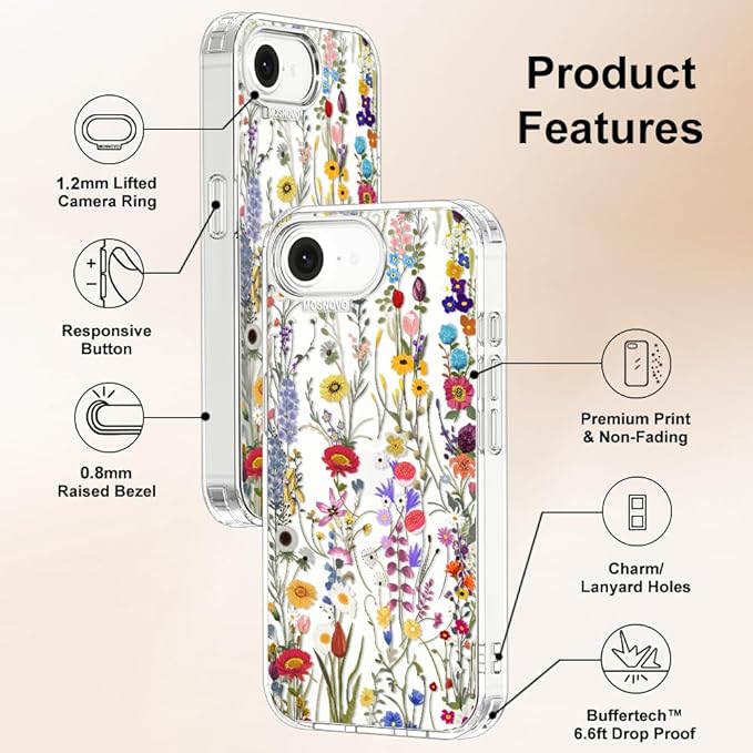 MOSNOVO for iPhone 17e Case/iPhone 16e Case, Shockproof Military-Grade Protection 6.6ft Drop Tested, Clear Phone Case for iPhone 16e / iPhone 17e, Wildflower Meadow Design
