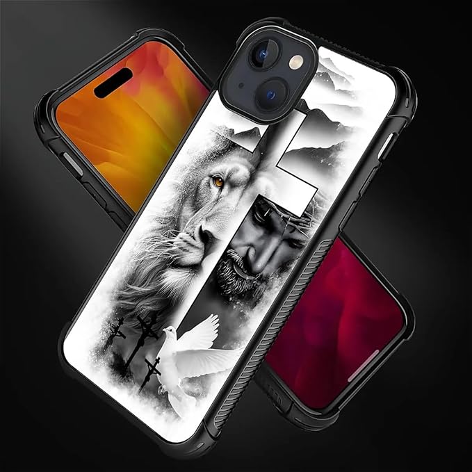 for iPhone 15 Plus Case, Lion Cross Jesus Christ Dove Pattern Made of Soft Silicone Hard Acrylic Shock Protection for iPhone 15 Plus