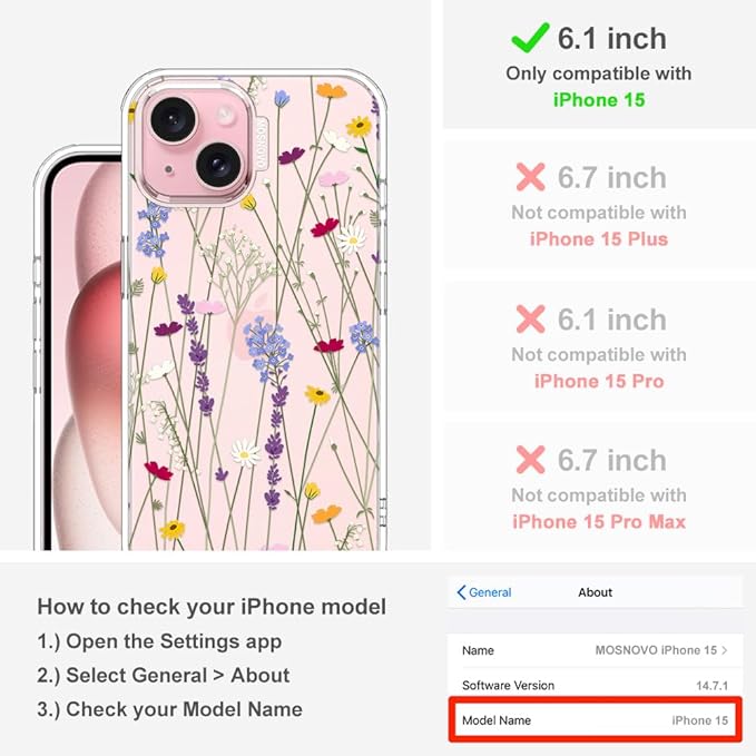 MOSNOVO Case for iPhone 15, [Buffertech 6.6ft Military-Grade Drop Protection] [Anti Peel Off Tech] Clear TPU Bumper Phone Case Cover Design - Floral Garden