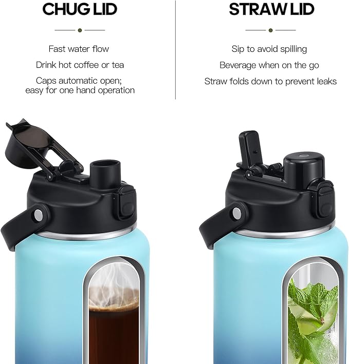 64oz Half Gallon Insulated Water Bottle with 2-in-1 Lid (Chug & Straw), Double Walled Vacuum Stainless Steel Water Bottles, Wide Mouth Leakproof Insulated Jug with Straw