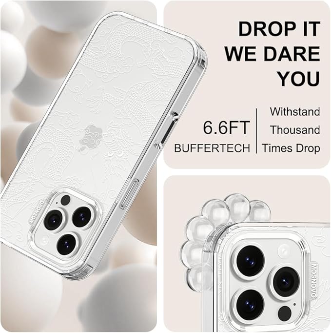 MOSNOVO Case for iPhone 16 Pro Max, [Buffertech 6.6ft Military-Grade Drop Protection] [Anti Peel Off Tech] Clear TPU Bumper Phone Case Cover Design - White Dragon
