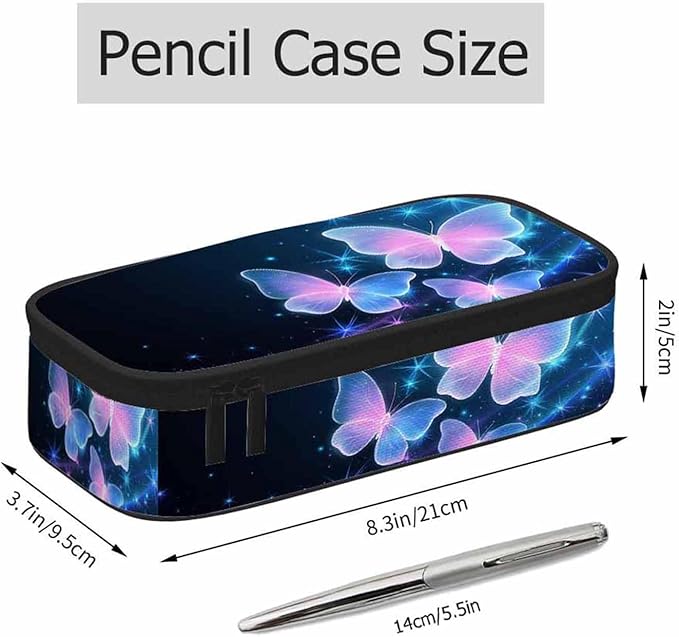 Glowing Butterflies Pencil Bag Sparkle Stars Bright Dark Blue Big Capacity Pencil Case Pencil Pouch Pen Bag School Students Boy Girl
