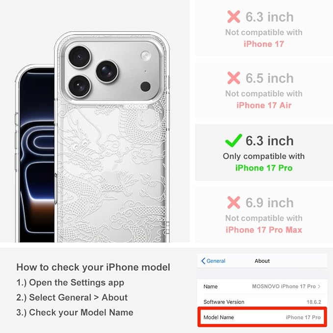 MOSNOVO for iPhone 17 Pro Case | Military Grade 6.6ft Drop Tested | Camera Control | Clear with White Dragon Design