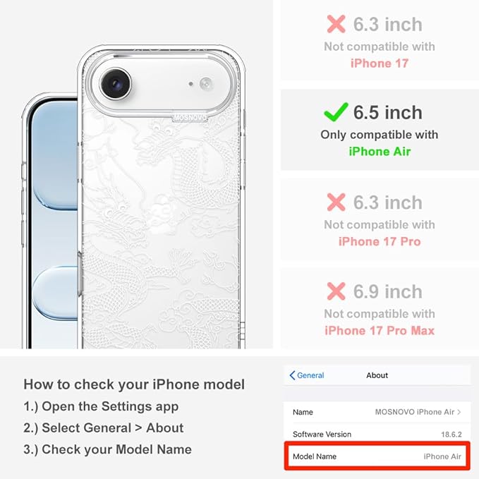 MOSNOVO for iPhone Air Case | Military Grade 6.6ft Drop Tested | Camera Control | Clear with White Dragon Design