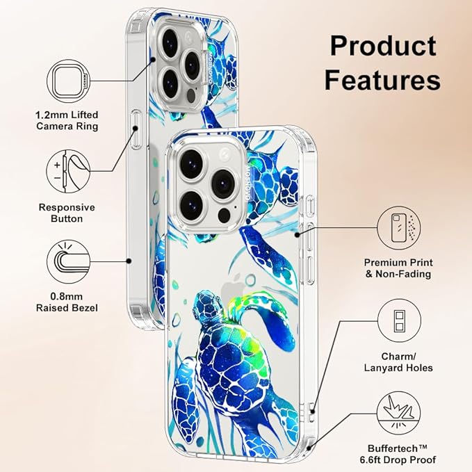 MOSNOVO Case for iPhone 15 Pro, [Buffertech 6.6ft Military-Grade Drop Protection] [Anti Peel Off Tech] Clear TPU Bumper Phone Case Cover Design - Sea Turtles