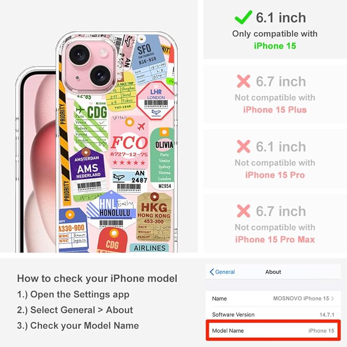 MOSNOVO Case for iPhone 15, [Buffertech 6.6ft Military-Grade Drop Protection] [Anti Peel Off Tech] Clear TPU Bumper Phone Case Cover Design - Air Ticket Labels