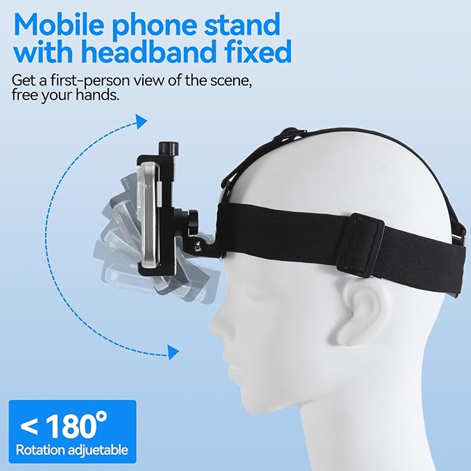 Head-Mounted Mobile Phone Holder,First-Person View Video Outdoor Live Shooting Bracket with Phone Clip(4"-7") for iPhone Samsung Smartphones and GoPro Insta360 Sony DJI Action Camera Head Mount Strap