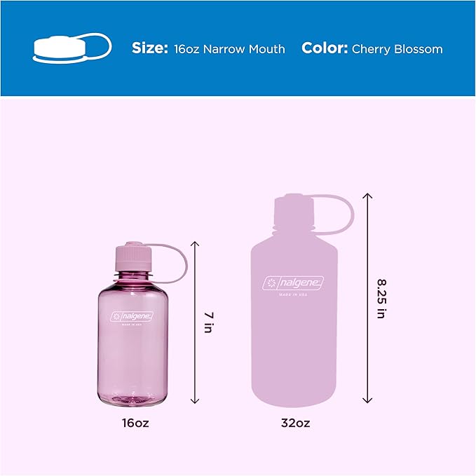 Nalgene 16 oz Narrow Mouth Water Bottle | BPA-Free, Durable & Leak Proof, Lightweight Travel Bottle, Fits in Cupholders, Cherry Blossom