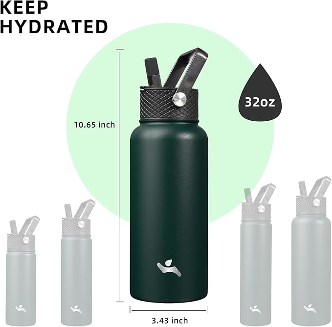Konokyo 32 oz Insulated Water Bottle Stainless Steel Sport Bottles with 3 Lids,Army Green
