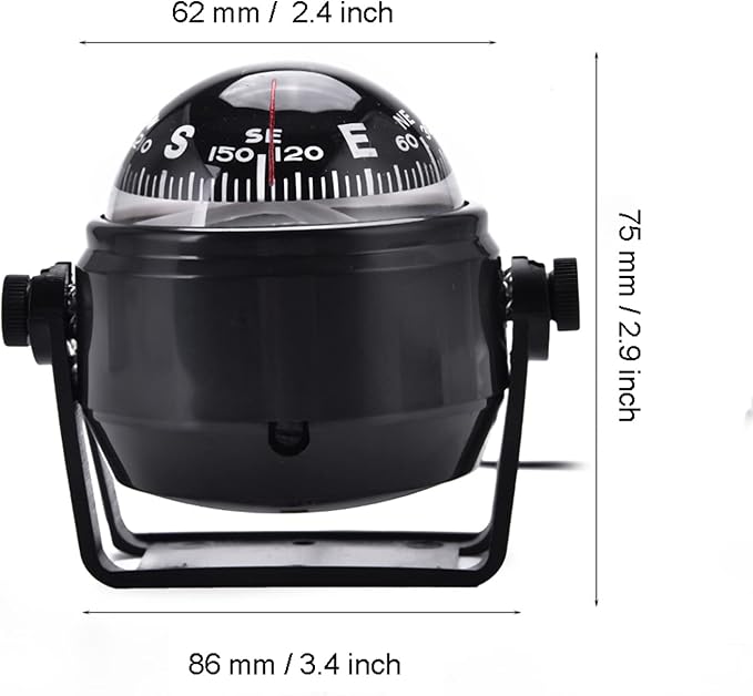 Car Compass Marine Dash Mount, LED Boat Compasses with Adjustable Mounting Bracket, Outdoor Marine Compass for Boats Cars 3.4 x 2.9 x 2.4IN