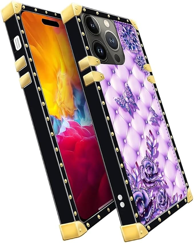 Compatible with iPhone 15 Pro Max Case, Purple Butterfly Flowers Leaf Luxury Golden Decoration for Girl Women Soft TPU Shockproof Protective Hard PC Back for iPhone 15 Pro Max