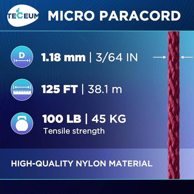 TECEUM Micro Paracord – 1.18 mm X 125 ft – Micro Utility Cord – Thin Braided Paracord Rope – Best for Crafting, DIY Projects, Fishing, Camping – Wind Chime Replacement – Survival Strong String