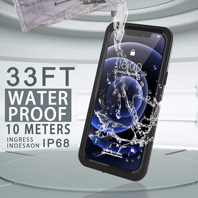 Diverbox for iPhone 12 Waterproof Case,Waterproof Shockproof Dustproof IP68 Full-Body Hard Case Built-in Screen Protector Underwater Outdoor Waterproof Cover for iPhone 12,6.1 in (Back Black)