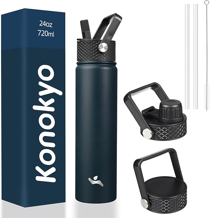 Konokyo Insulated Water Bottle 24oz Stainless Steel Sport Bottles with 3 Lids,Navy Blue