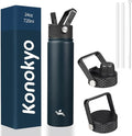 Konokyo Insulated Water Bottle 24oz Stainless Steel Sport Bottles with 3 Lids,Navy Blue